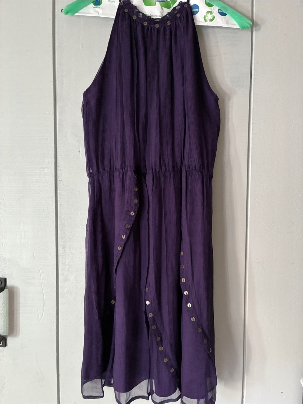 Women's Purple Halter Midi Dress with Metallic Accent Small Interlud